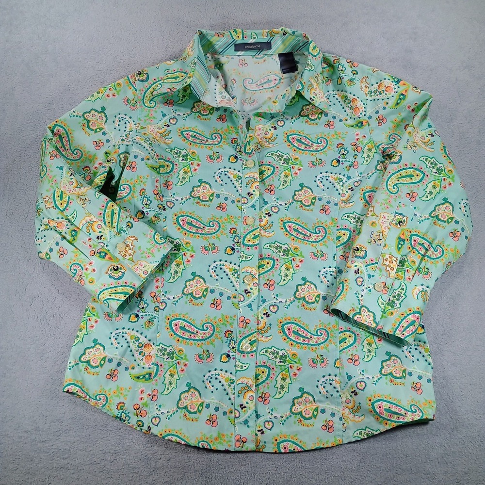 Liz Claiborne Womens Paisley Button Up Shirt Mint‎ Green Size 8 3/4 Sleeve